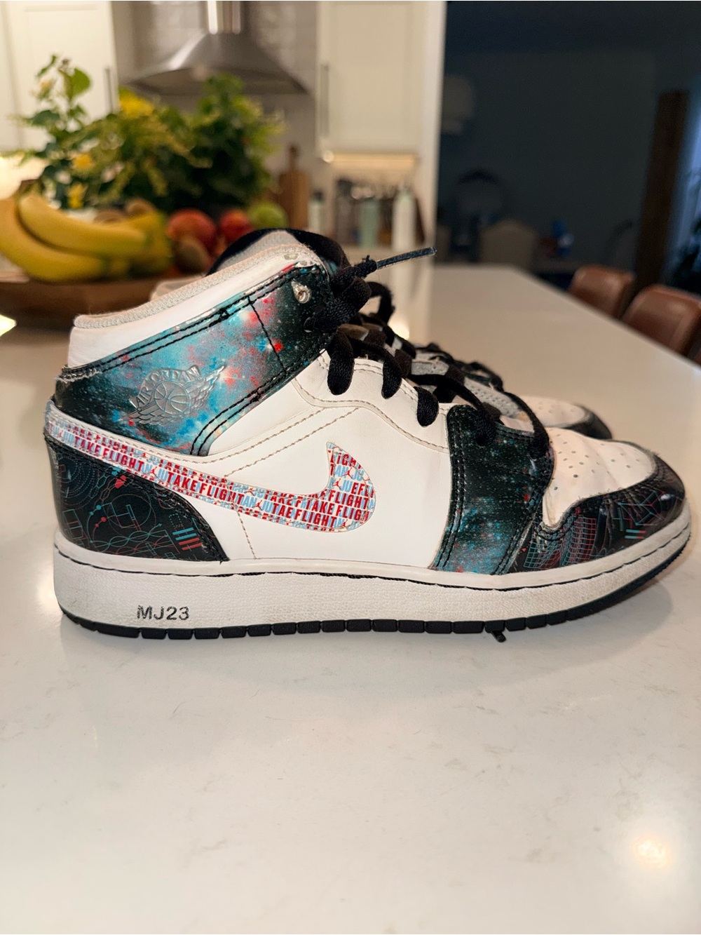 Jordan Kids High-Top Sneakers in White, Teal, Black with Red Accent